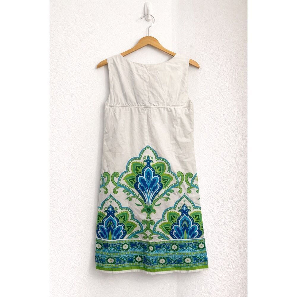 London Times Petites Printed Shift Dress White Blue Green Sleeveless Size 12P - Picture 2 of 4